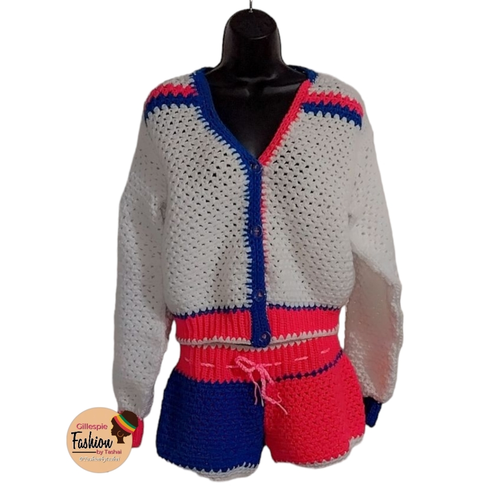 Fashionbytashai 2pc White Pink & Blue Jacket Suit